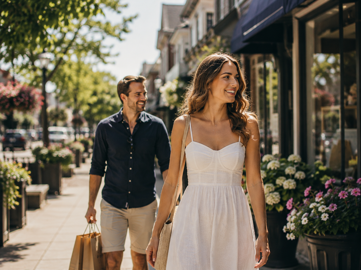 Couple walking through a small town