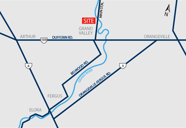 Map of Grand Valley showing the Luther’s Landing site near Highway 109