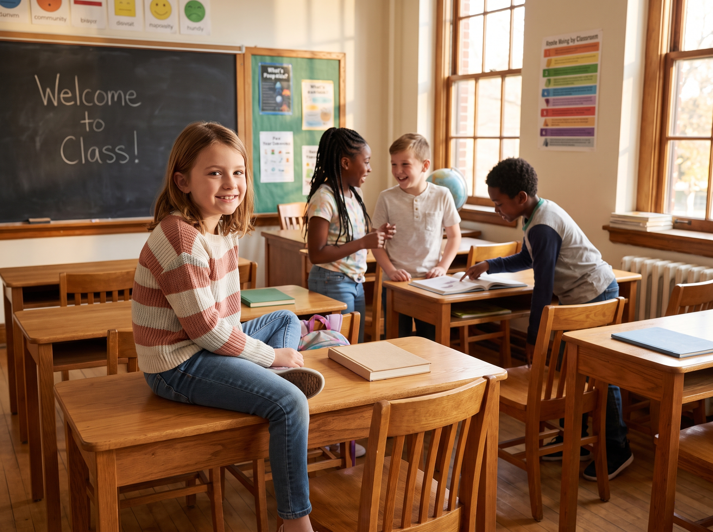 Students in a sunlit classroom